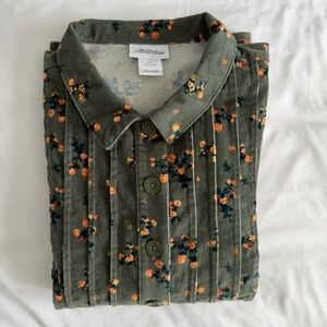 Vermont Country Store 100% Cotton Green Floral Lightweight Corduroy Button Tunic